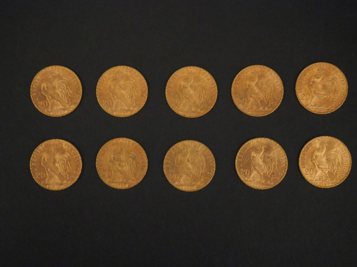 Dix pièces de 20 Francs or, 1909. FRAIS ACHETEURS 5% TTC.
