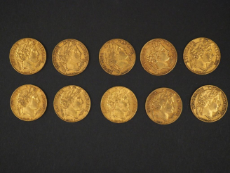 Vente aux enchères Dix pièces de 20 Francs or, 1851-A. FRAIS ACHETEURS 5% TTC.