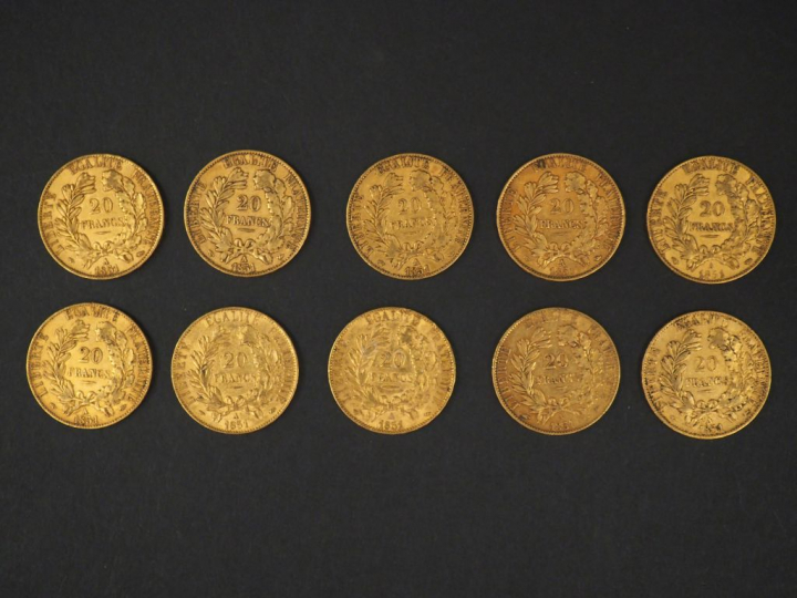 Dix pièces de 20 Francs or, 1851-A. FRAIS ACHETEURS 5% TTC.