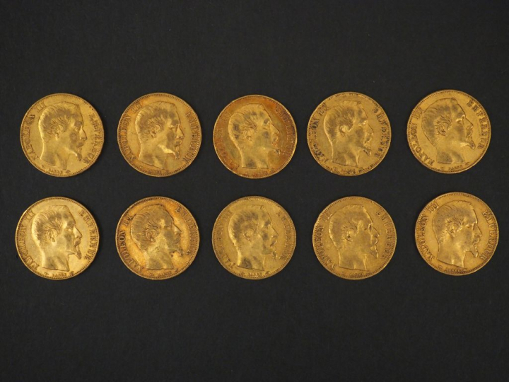 Dix pièces de 20 Francs or, 1854-A. FRAIS ACHETEURS 5% TTC.