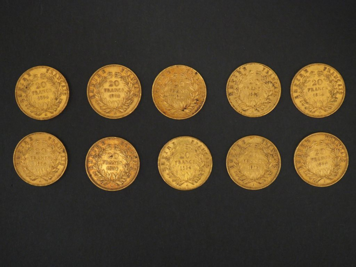 Dix pièces de 20 Francs or, 1854-A. FRAIS ACHETEURS 5% TTC.