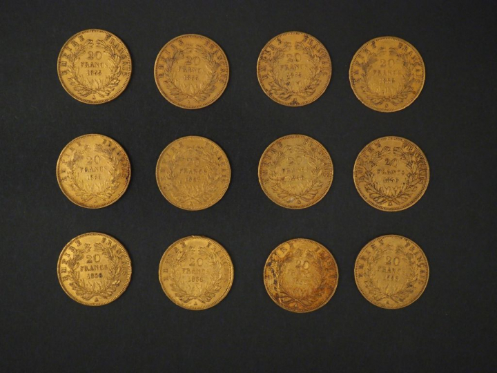 Douze pièces de 20 Francs or, 1855-A (x3) et 1856-A (x9). FRAIS ACHETE