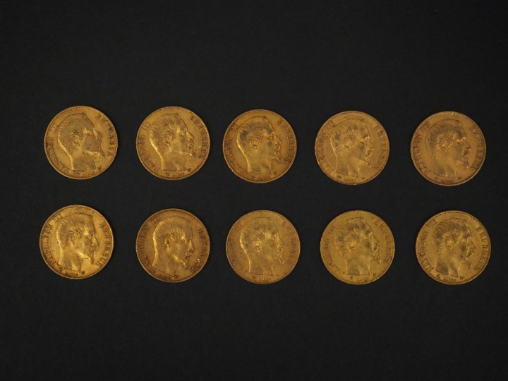 Dix pièces de 20 Francs or,1858-A (x8) et 1858-BB (x2). FRAIS ACHETEUR
