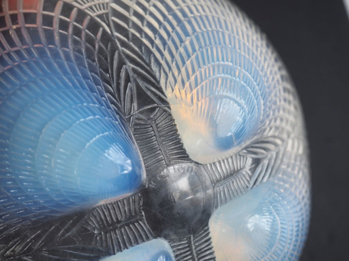 LALIQUE.  Coupe en verre opalescent à décor de coquillages. Signée.