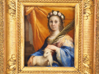 Vente aux enchères Ecole française début XVIIIème. "Sainte martyr à l’agneau" Huile sur c