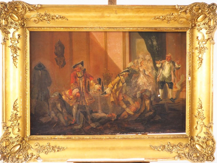 Ecole française.  "Fin de diner". Huile sur toile, signée en bas à gau