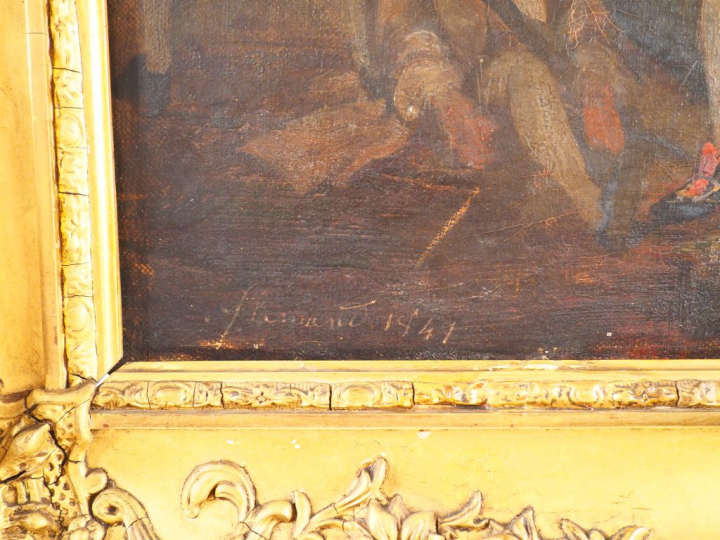 Ecole française.  "Fin de diner". Huile sur toile, signée en bas à gau