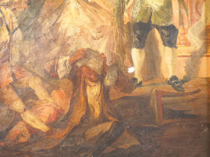 Ecole française.  "Fin de diner". Huile sur toile, signée en bas à gau