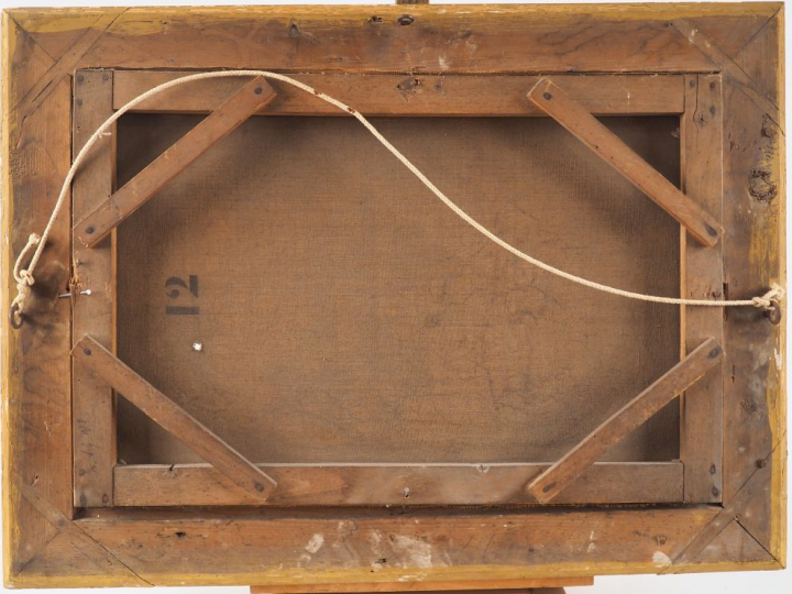 Ecole française.  "Fin de diner". Huile sur toile, signée en bas à gau