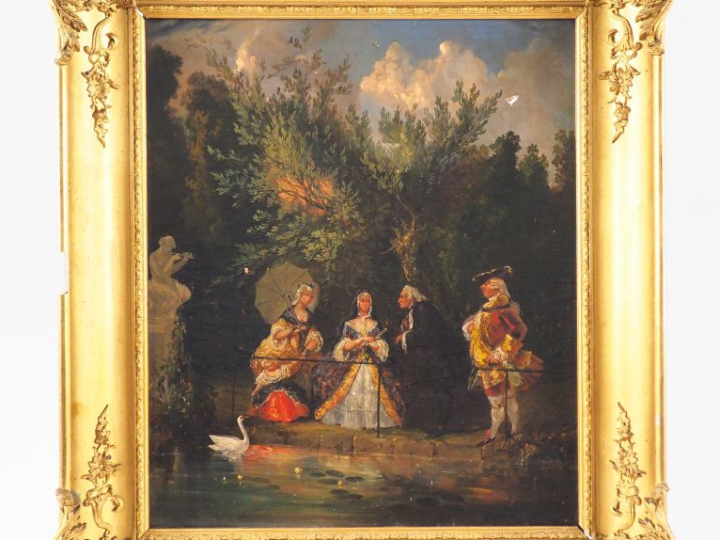 Ecole française fin XIXème. "Conversation galante dans un parc". Huile