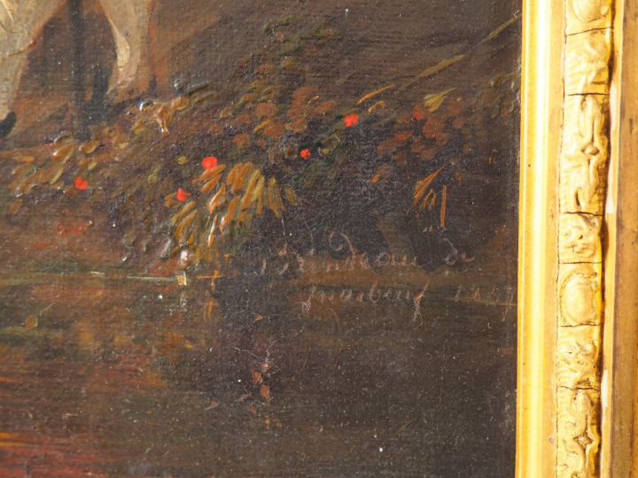 Ecole française fin XIXème. "Conversation galante dans un parc". Huile