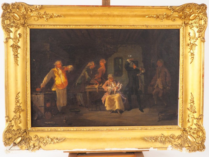 Ecole française XIXème. "La cuisine après la chasse". Huile sur toile.