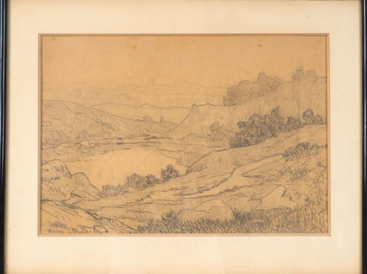 Maurice CHABAS. "Paysage lacustre". Dessin, signé en bas à gauche. Dim