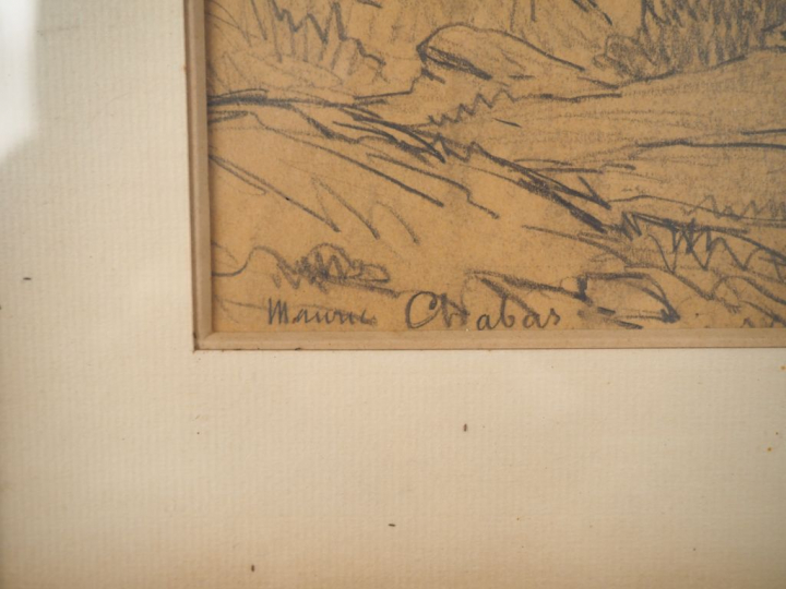 Maurice CHABAS. "Paysage lacustre". Dessin, signé en bas à gauche. Dim