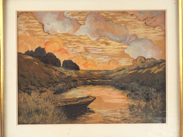Maurice CHABAS.  "Paysage lacustre au crépuscule". Gouache, signée en 