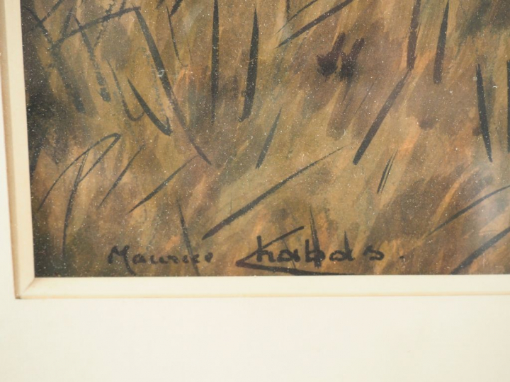 Maurice CHABAS.  "Paysage lacustre au crépuscule". Gouache, signée en 