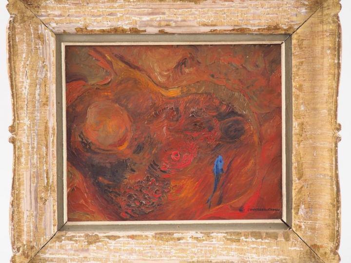 CHANTEAUD-CHABAS. "Composition abstraite à la truite bleue". Huile sur
