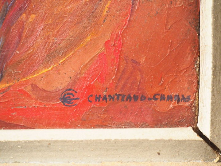 CHANTEAUD-CHABAS. "Composition abstraite à la truite bleue". Huile sur