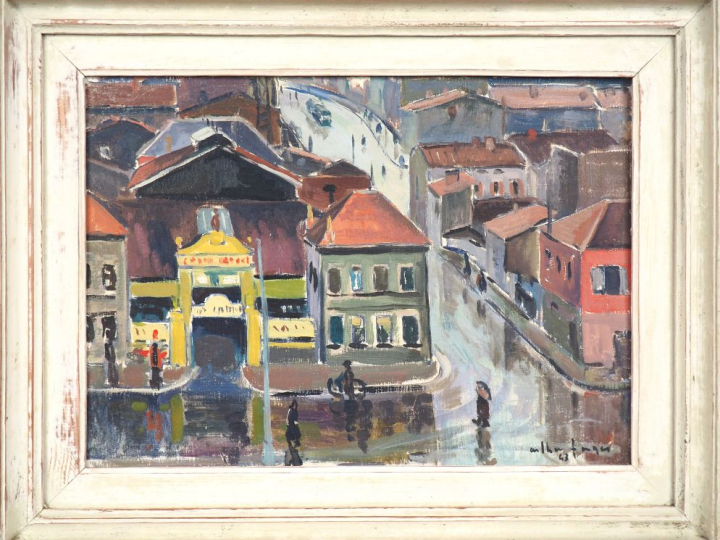 Arthur FAGES. "La ville sous la pluie". Huile sur toile, signée en bas
