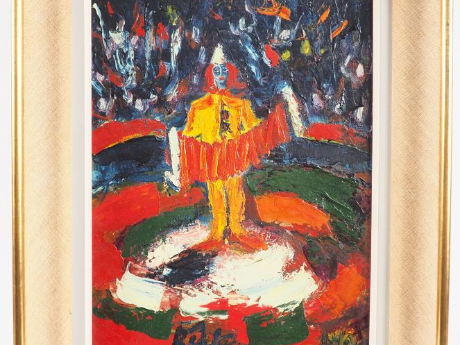 RAYA.  "Clown accordéoniste" Huile sur toile, signée en bas à droite  