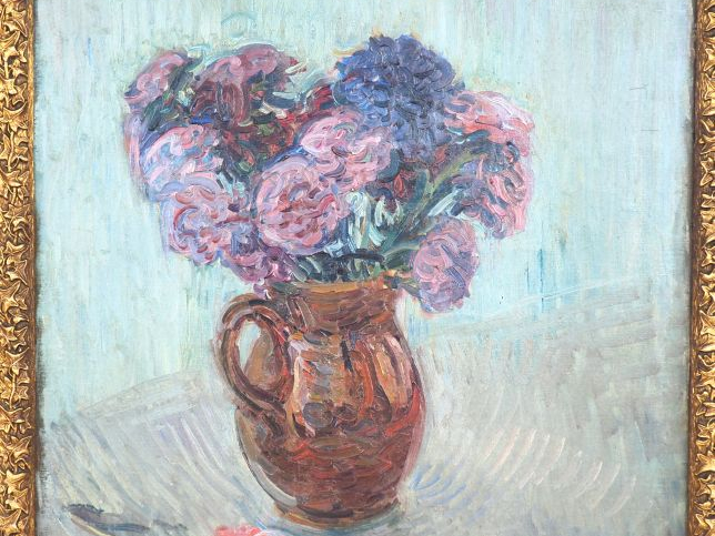 Nicolas TARKHOFF. "Fleurs sur fond vert" Huile sur toile, signée en ba