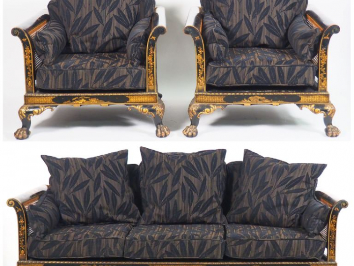 Mobilier de salon anglais de style Extrême Orient en partie cannée et 