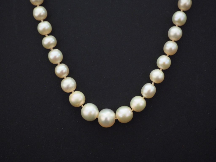 Collier de 78 perles fines disposées en chute. Fermoir orné d’une perl
