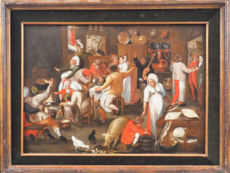 Vente aux enchères Ecole flamande début XVIIème. "Scène de taverne" Huile sur panneau. Di