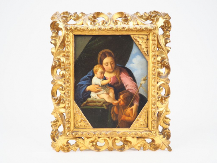 Ecole XVIIème  "Vierge à l’Enfant et Saint Jean- Baptiste" Huile sur c