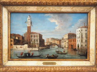 Vente aux enchères Ecole vénitienne XVIIIème. "Venise, le grand canal". Huile sur panneau