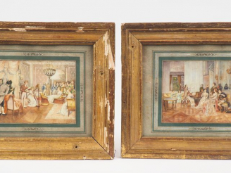 Vente aux enchères Ecole française XIXème.  "Salon de musique" Paire de gouaches.  Dim. 1