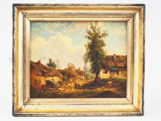 Vente aux enchères Ecole française XIXème. "Enfant près d’une chaumière". Huile sur toile