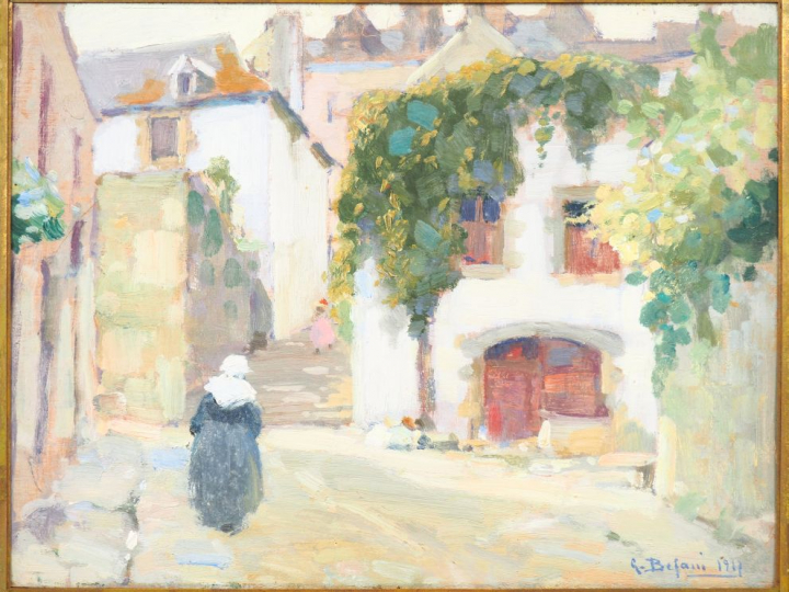 G. BEFANI. "Village animé en Bretagne" Huile sur panneau, signée en ba