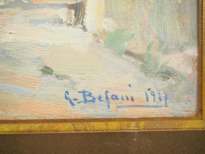 G. BEFANI. "Village animé en Bretagne" Huile sur panneau, signée en ba