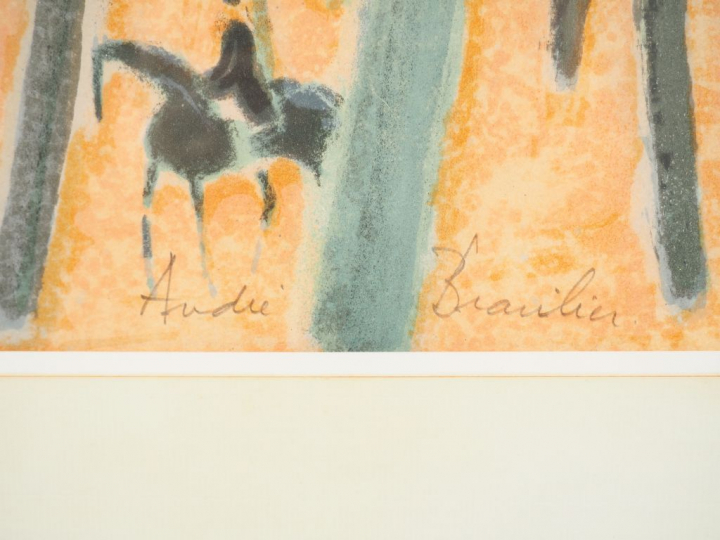 André BRASILIER.  "Cavaliers dans la forêt". Lithographie signée en ba