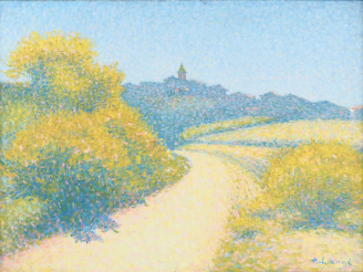 Vente aux enchères A. LAUGE.  "Route aux genêts vers Cailhau" Huile sur toile. Circa 1920