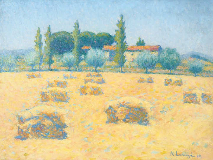 A. LAUGE. "Meules près de Cailhau" Huile sur toile, signée en bas à dr