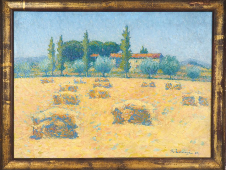 A. LAUGE. "Meules près de Cailhau" Huile sur toile, signée en bas à dr