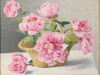 Vente aux enchères A. LAUGE.  "Corbeille de pivoines" Huile sur toile.  Cachet en bas à d