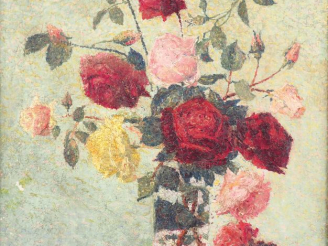 Vente aux enchères A. LAUGE.  "Bouquet de roses" Huile sur toile. Signée en bas à droite.