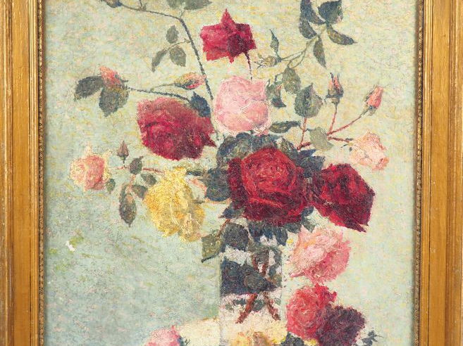 A. LAUGE.  "Bouquet de roses" Huile sur toile. Signée en bas à droite.