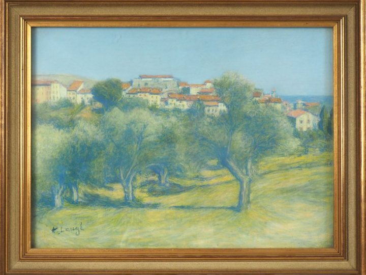 A. LAUGE. "Collioure aux chênes-lièges, vue depuis la colline d'Ambeil