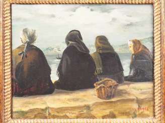 Vente aux enchères LE PRINCE.  "Femmes de pêcheurs sur la jetée" Huile sur toile. Signée 