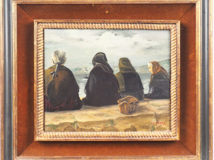 LE PRINCE.  "Femmes de pêcheurs sur la jetée" Huile sur toile. Signée 