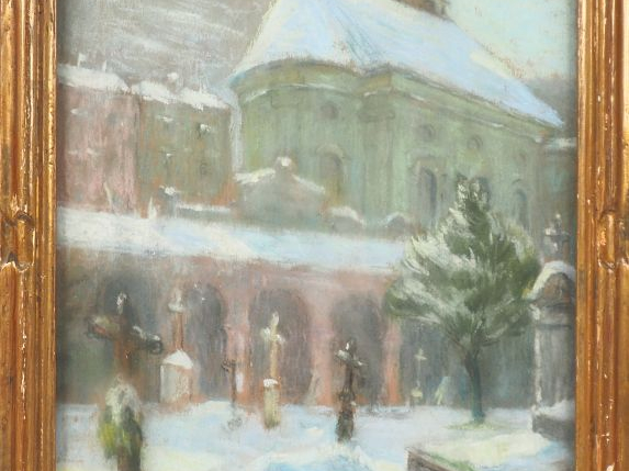 E. LEUZE-HIRSCHFIELD. "le cimetière St Sébastien à Salzbourg" Pastel s