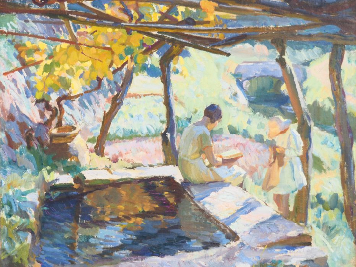 Sydney Lough THOMPSON. (1877-1973) "Mère et enfant sous la pergola". H