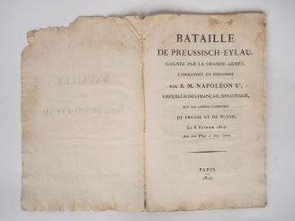 Vente aux enchères [Bataille d'Eylau]. Bataille de Preussisch. Eylau, gagnée par la Grand