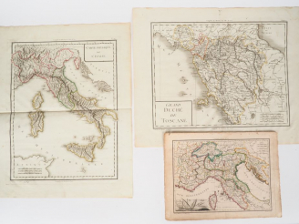 Vente aux enchères TARDIEU. (P.F). Ensemble de 5 cartes gravées. Carte physique de l'tali