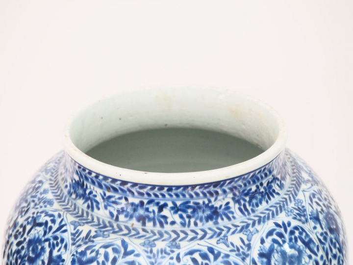 Grande potiche en porcelaine à décor moulé et bleu sous couverte de pé