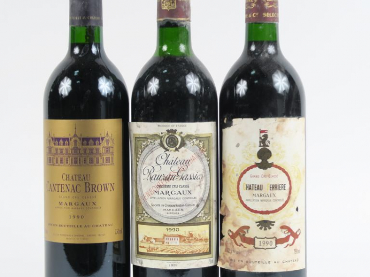 3 BOUTEILLES GCC MARGAUX 1990 : 1 CHÂTEAU CANTENAC BROWN - 1 CHÂTEAU F